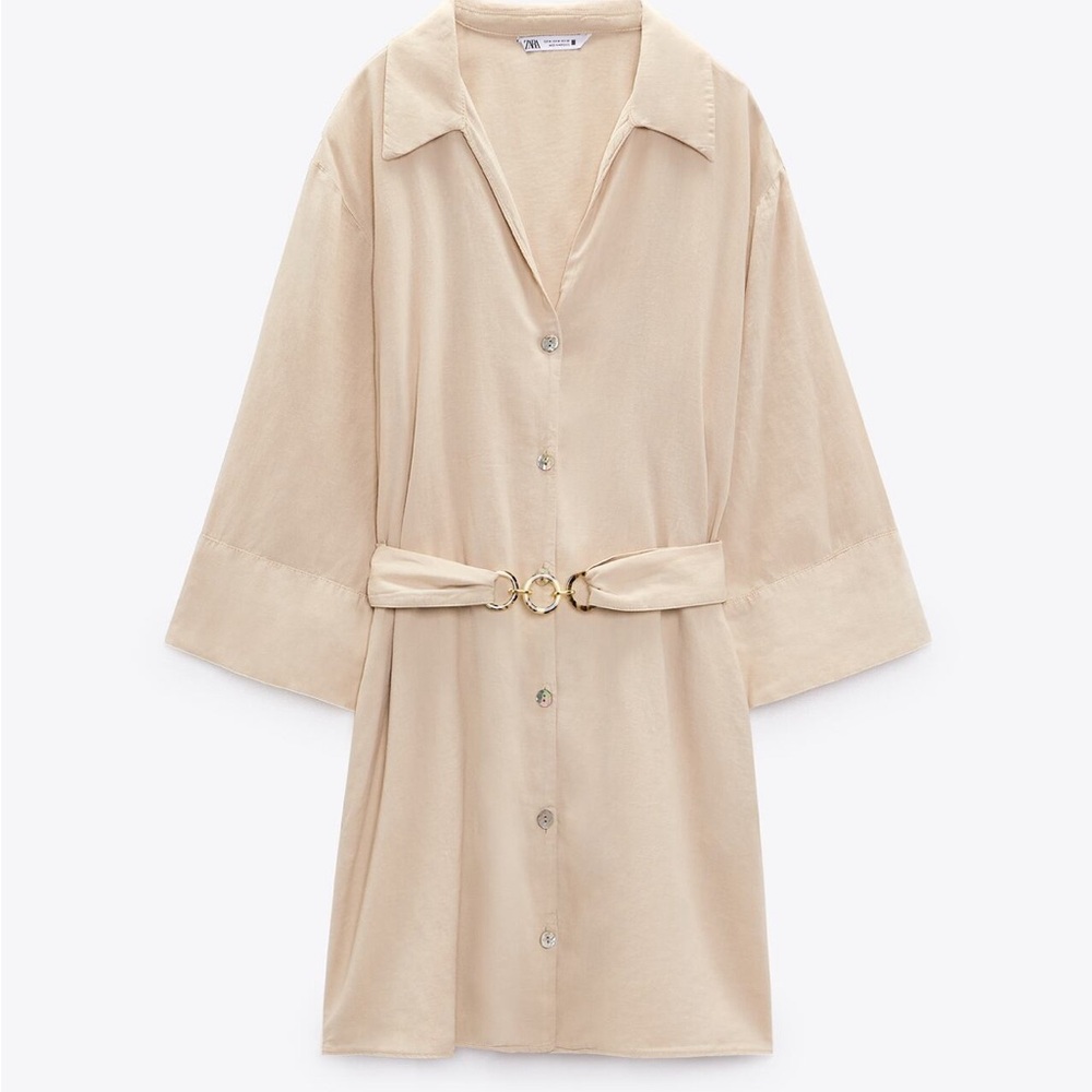Linen blend v neck belted dress